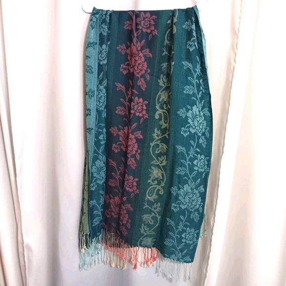 Pashmina Teal, Pink, Blue, Floral Scarf Cashmere, and Silk - Picture 2 of 9
